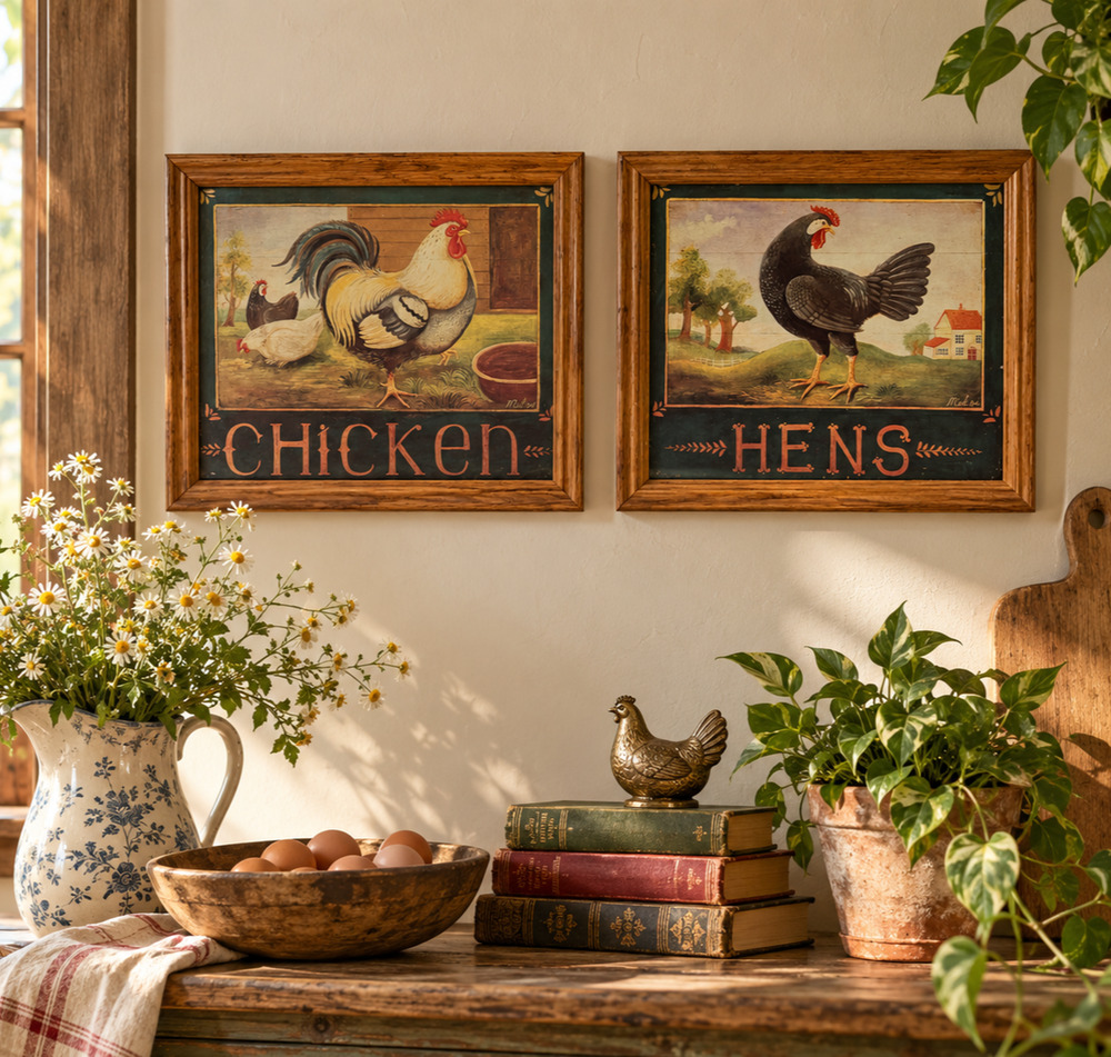 Vintage 1994 Chicken Hens Framed Print Set Rooster Farmhouse Country Wall Art